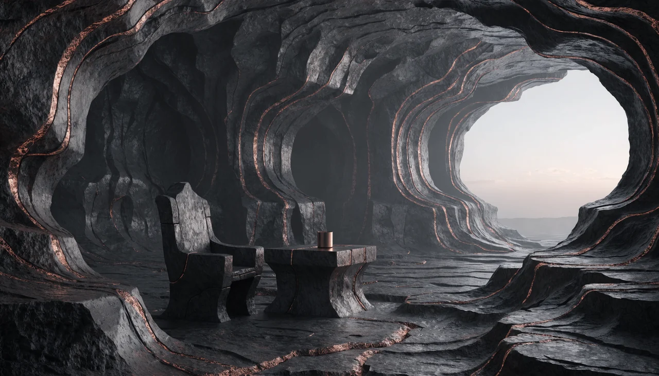 Silla de piedra vac&iacute;a junto a una mesa con una peque&ntilde;a luz de cobre y una puerta abierta al amanecer
