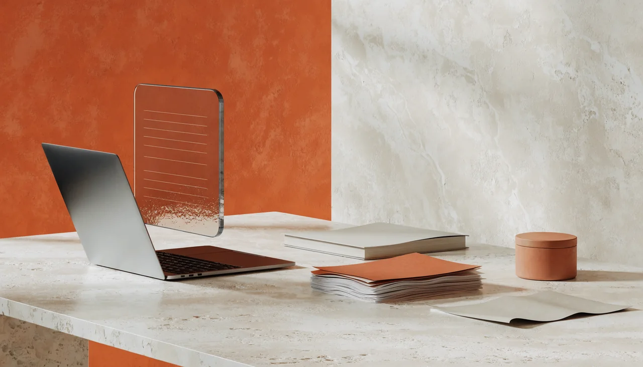 Portátil sobre una mesa de piedra con un panel translúcido que representa un asistente de escritorio