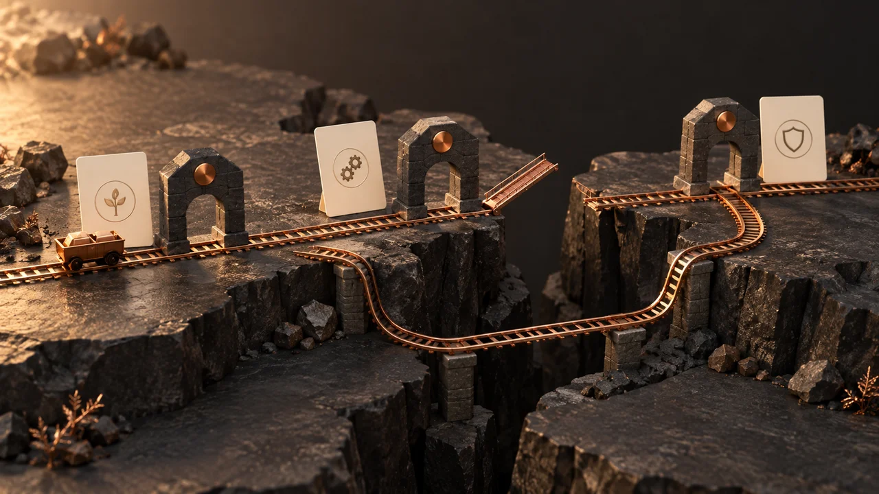 Recorrido de cobre con puntos de control, un puente móvil y una ruta alternativa sobre basalto