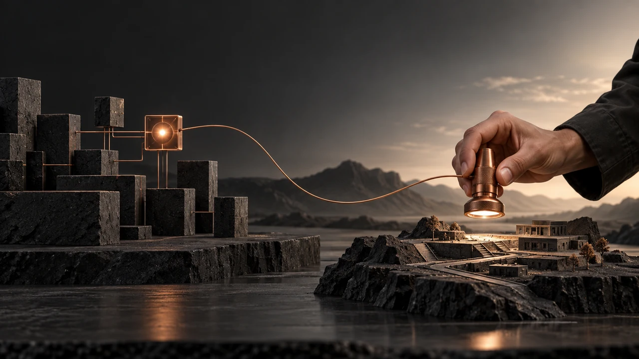 Una mano ilumina una maqueta de edificios conectada por un hilo de cobre a una estructura digital de basalto.