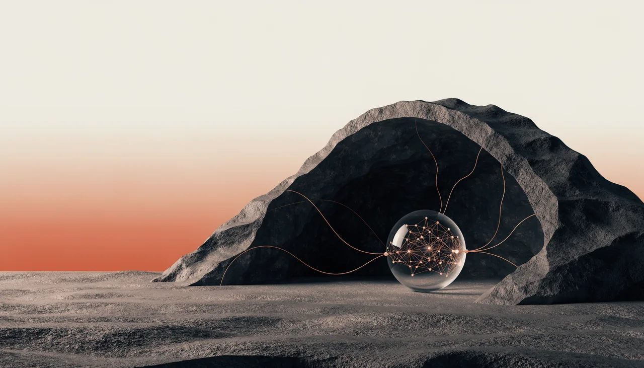 Arco de piedra oscura que protege un n&uacute;cleo de vidrio conectado con hilos de cobre