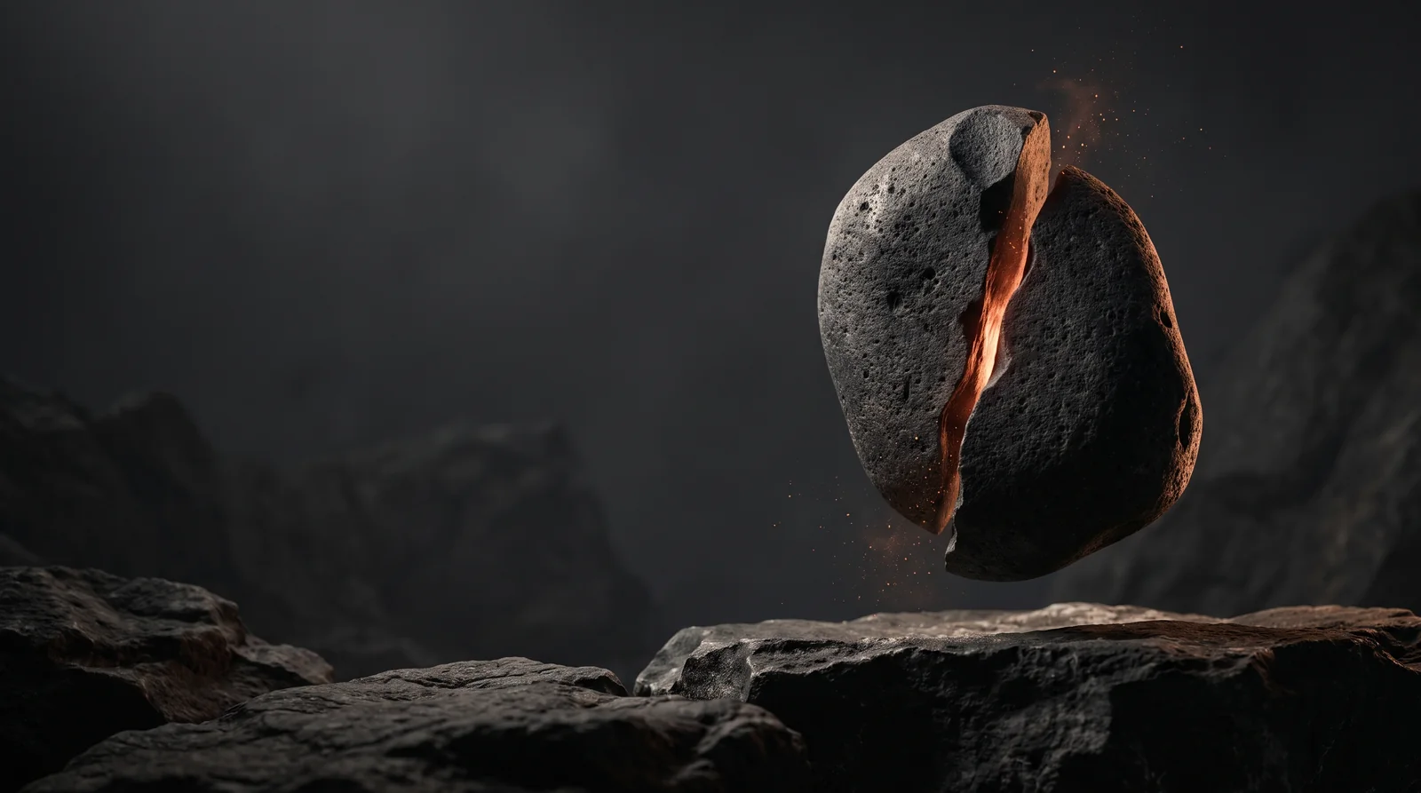 Two dark stone fragments joined by a copper-lit edge