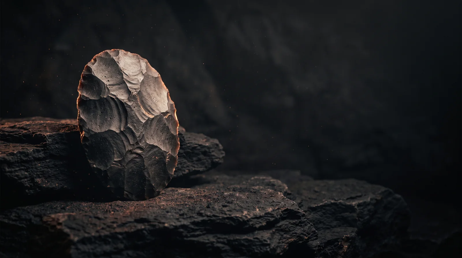 Una piedra tallada iluminada por un borde de luz cálida